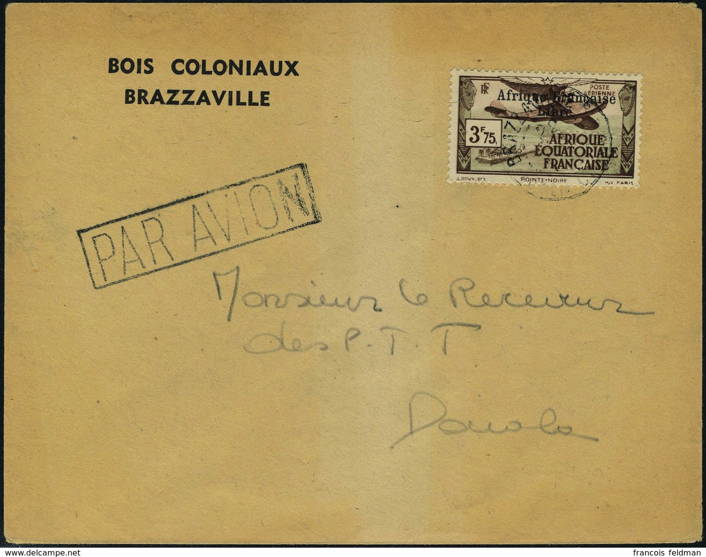 Lettre N° 16, 3f75 Afrique Française Libre, Seul Sur L Cachet Par Avion Et Càd De Brazzaville, T.B. - Autres & Non Classés