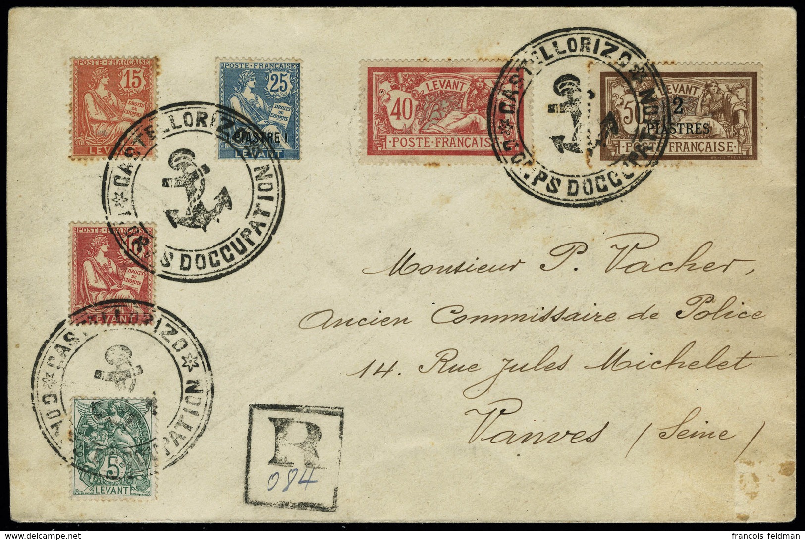 Lettre Timbres Du Levant Français N° 13, 14, 15, 19 Et 20 Sur LR Avec Cachet De Castellorizo, Pour Vanves, Arrivée Au Ve - Andere & Zonder Classificatie