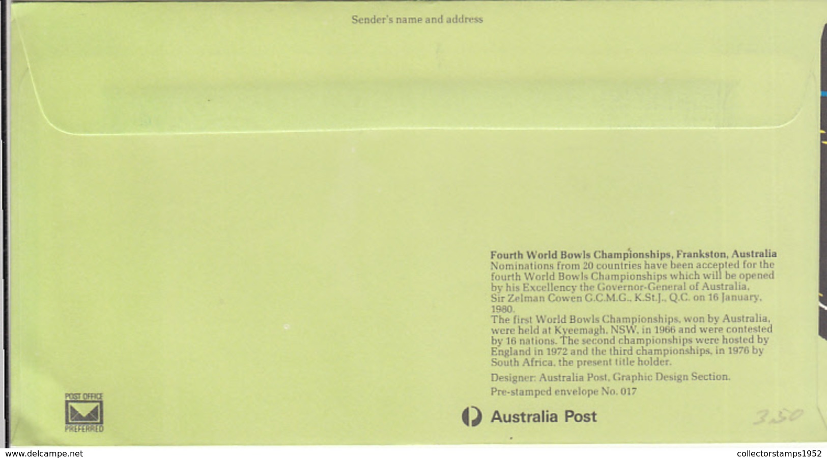 7680FM- WORLD BOWLS CHAMPIONSHIP, BOWLING, SPORTS, COVER STATIONERY, OBLIT FDC, 1980, AUSTRALIA - Pétanque