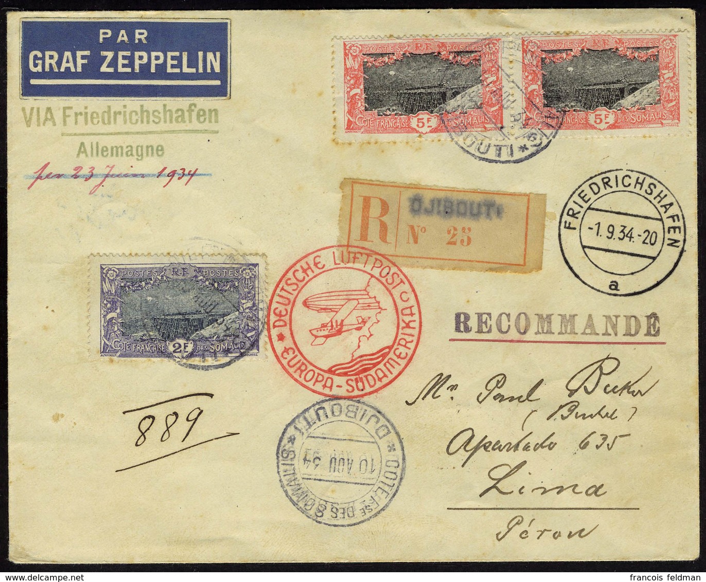 Lettre Zeppelin LR De Djibouti 10.8.34, étiquette Par Graf Zeppelin, Cachet Illustré Europa Südamerika, Càd Friedrichsha - Andere & Zonder Classificatie