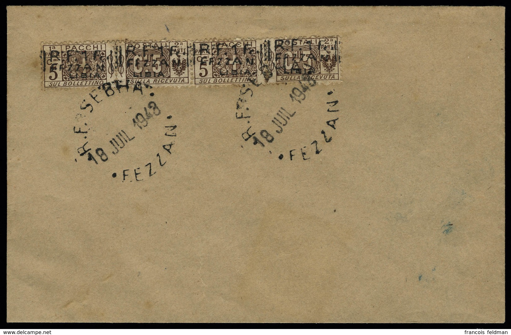 Lettre N° 21, 1f Sur 5c Brun, Paire Horizontale Obl Sebha Sur L. T.B. Sassone N° 13, Cote Des Timbres Oblitérés. - Autres & Non Classés