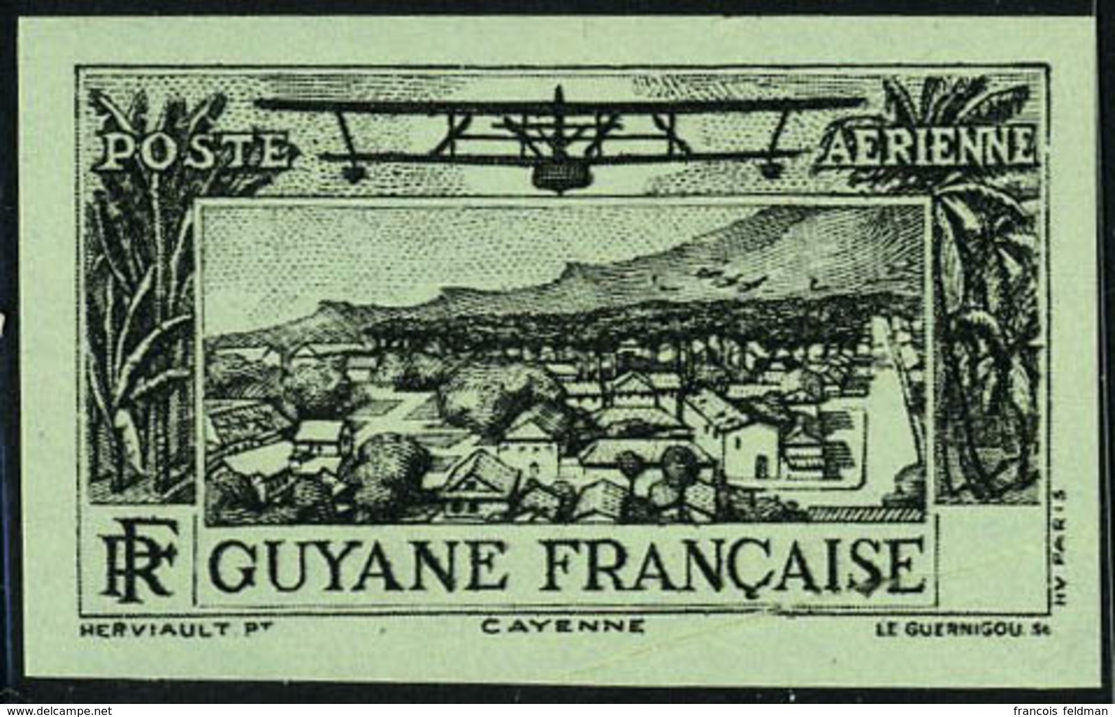 Neuf Sans Charnière Type Vue De Cayenne, Essai ND Sans La Valeur Dans Le Cartouche, Noir Sur Vert Clair, Petit Pli, Aspe - Autres & Non Classés