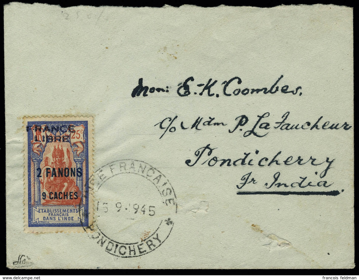 Lettre N° 131, 2fa 9ca France Libre, Obl. 15.9.45 Sur L Locale, T.B. Rare, Signé Brun, Maury - Other & Unclassified