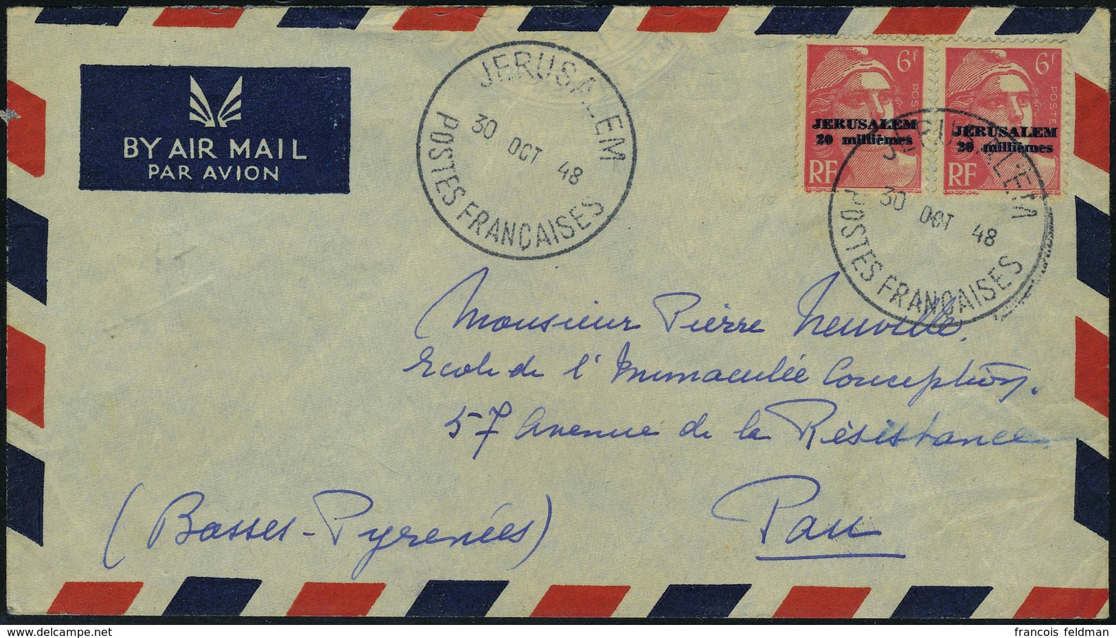 Lettre N° 3, 20m Sur 6f Gandon, 2ex Sur L Obl Consulaire Jérusalem Postes Françaises 30 Oct 48, à Destination De Pau, T. - Autres & Non Classés