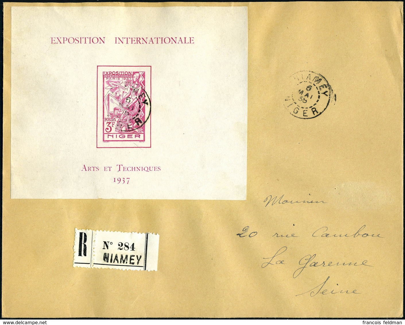 Lettre N° 1, Le Bloc Expo De Paris, Seul Sur Lettre Recommandée De Niamey (6.5.38) Pour La Garenne-Colombes Avec Arrivée - Andere & Zonder Classificatie