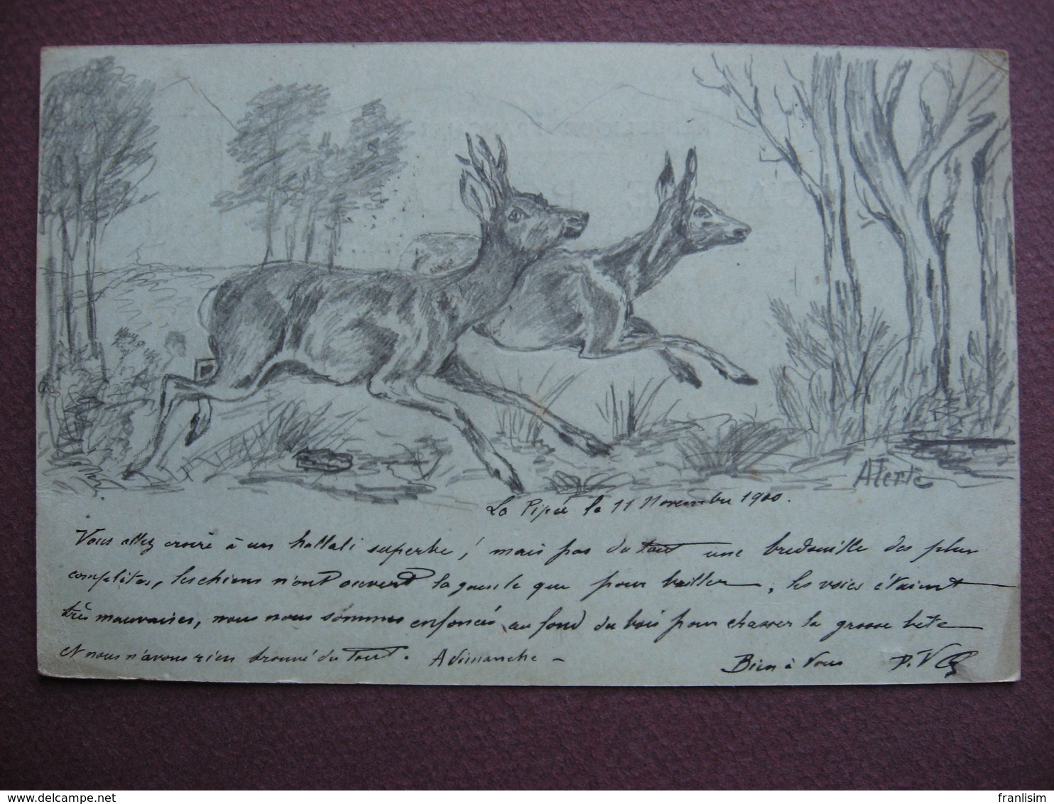 CPA DESSIN AU CRAYON Couple De CHEVREUILS EFFAROUCHES CHASSE CHEVREUIL écrite Par Un CHASSEUR En 1900 - Chasse