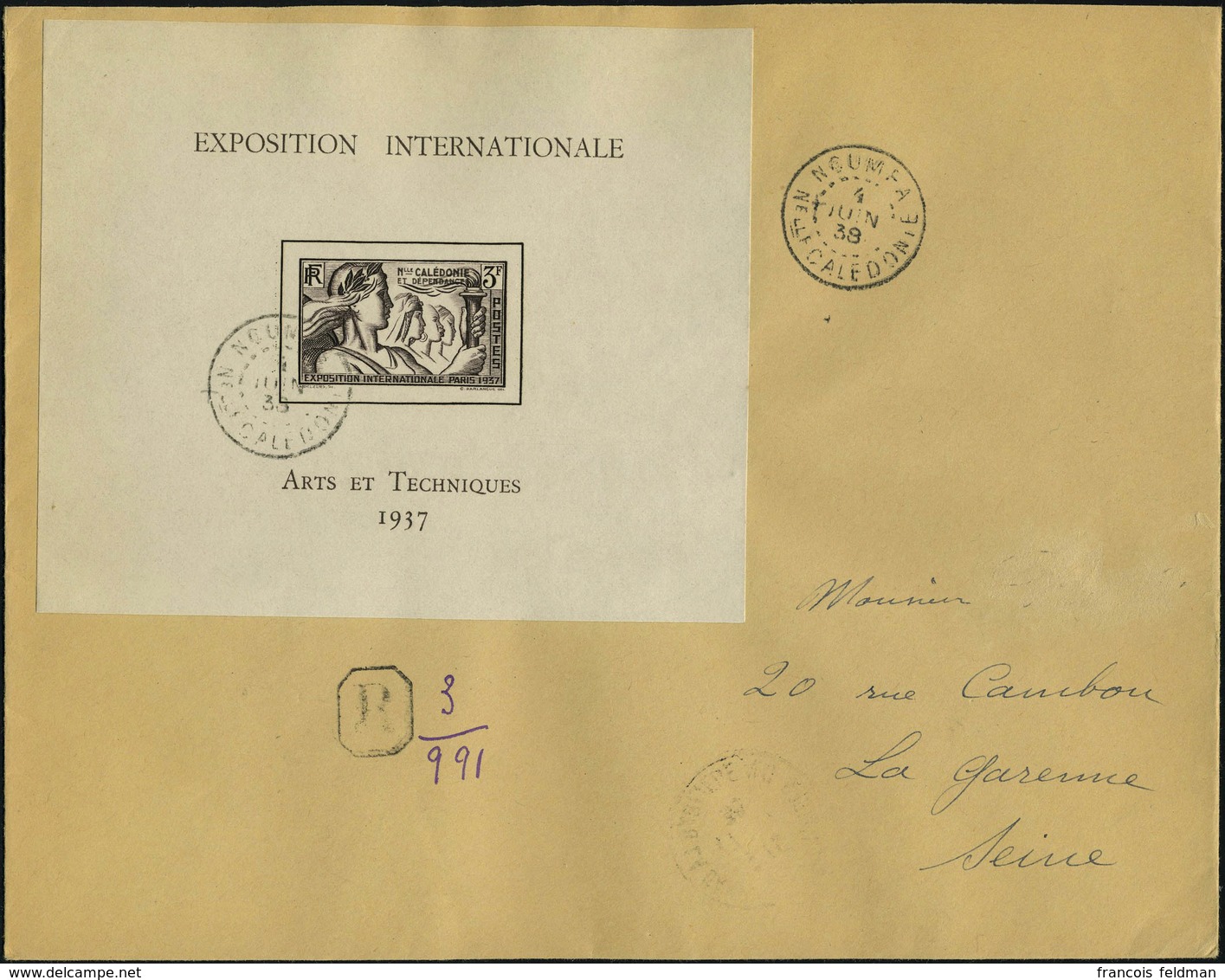 Lettre N° 1, Le Bloc Expo De Paris, Seul Sur Lettre Recommandée De Nouméa (4.6.38) Pour La Garenne-Colombes, Arrivée Au  - Autres & Non Classés