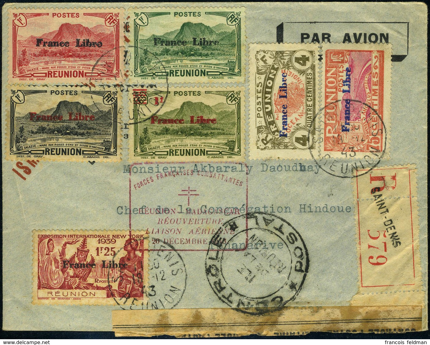 Lettre N° 187/88, 7 Val Différentes France Libre S/LR De Déc 1943 + Cachet Réouverture De La Ligne Aérienne Pour Madagas - Autres & Non Classés