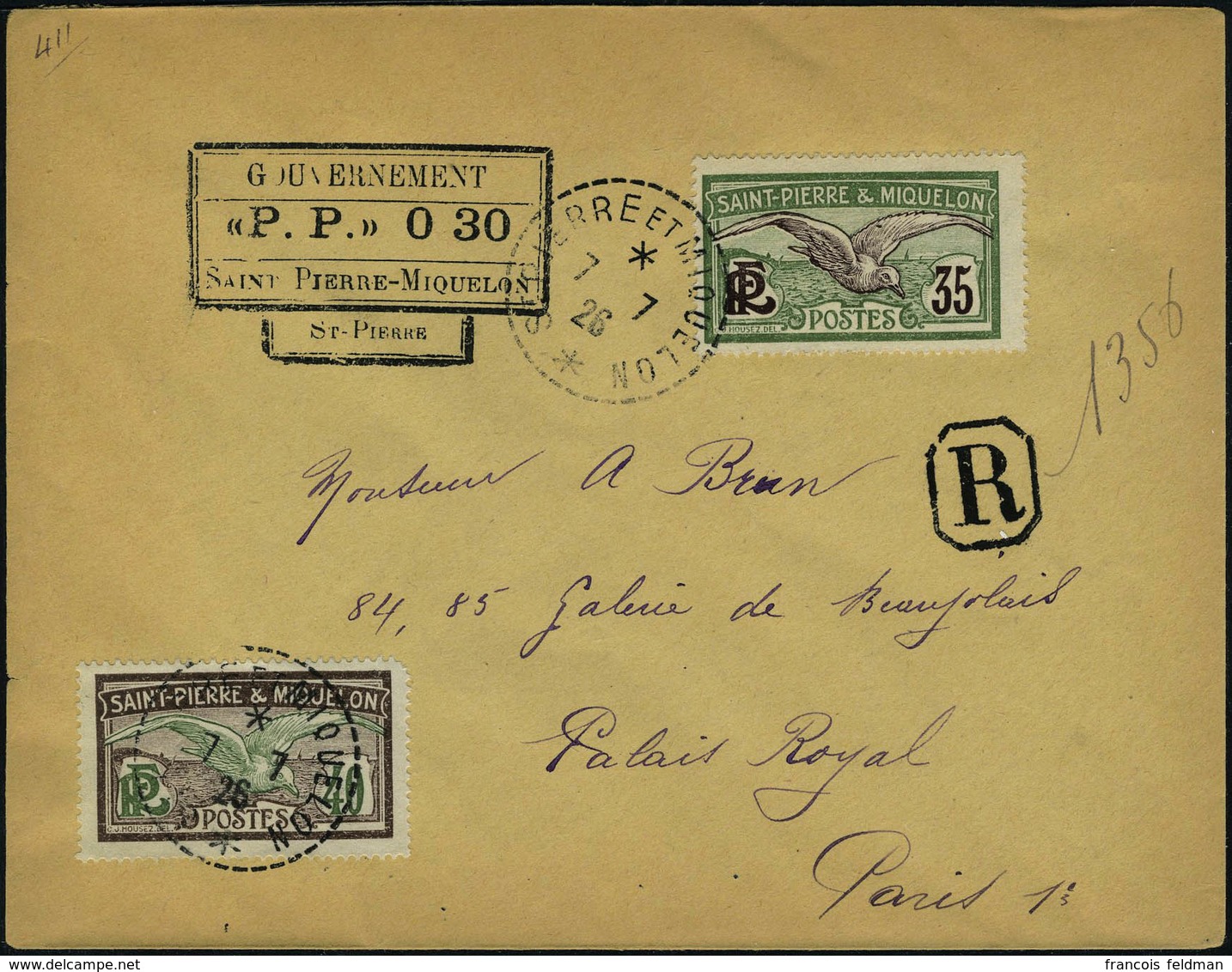 Lettre LR Affranchie Avec Cachet PP 030 + TP N° 86 Et 87, Càd St Pierre Et Miquelon 7.7.26 Pour Paris, T.B.  Maury - Autres & Non Classés