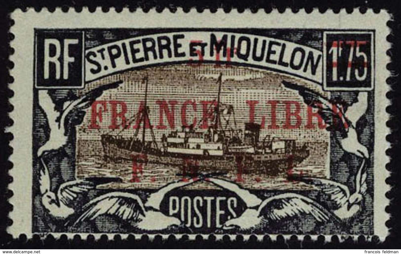 Neuf Sans Charnière N° 245a, 5f Sur1f75 France Libre, Surcharge Rouge, Type Différent, Maury 253B, T.B. Signé JF Brun - Autres & Non Classés