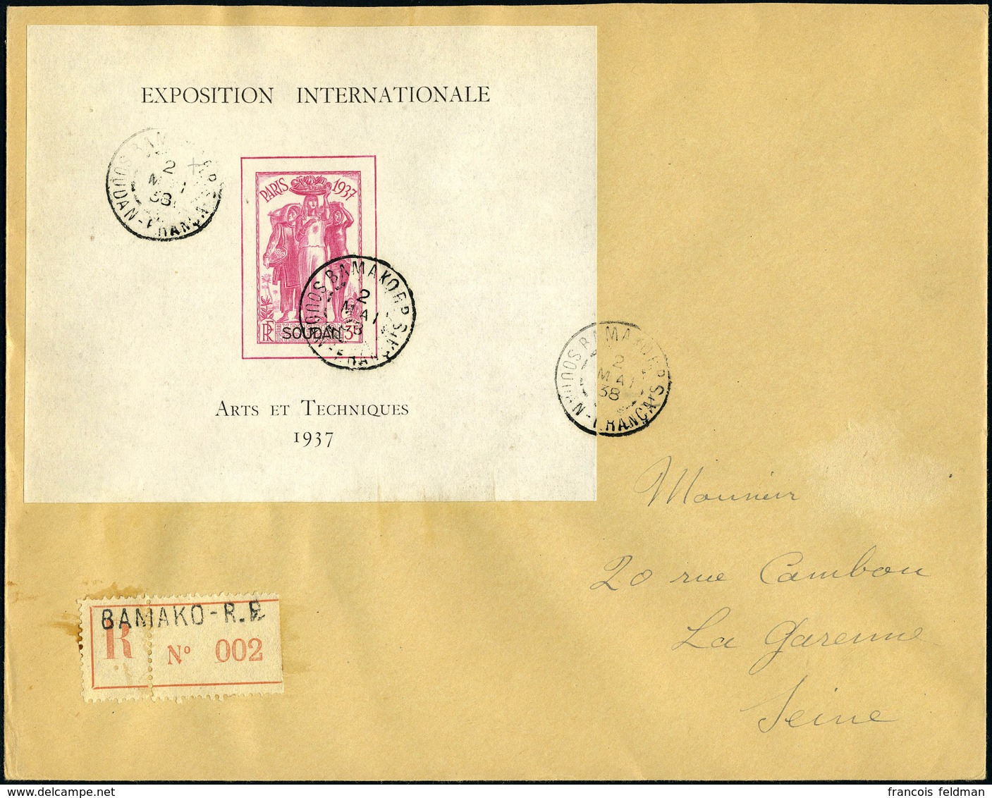 Lettre N° 1, Le Bloc Expo De Paris, Seul Sur Lettre Recommandée De Bamako (2.5.38) Pour La Garenne-Colombres, Arrivée Au - Otros & Sin Clasificación