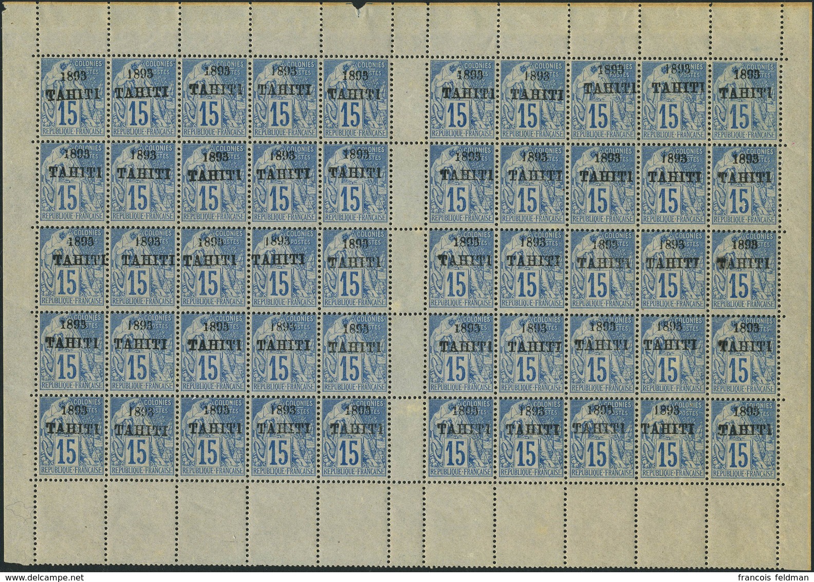 Neuf Sans Charnière N° 24, 15c Bleu Tahiti 1893, Feuille De 50 Ex, SUPERBE, Rare En Feuille - Cote 4000€ + 50% - Andere & Zonder Classificatie