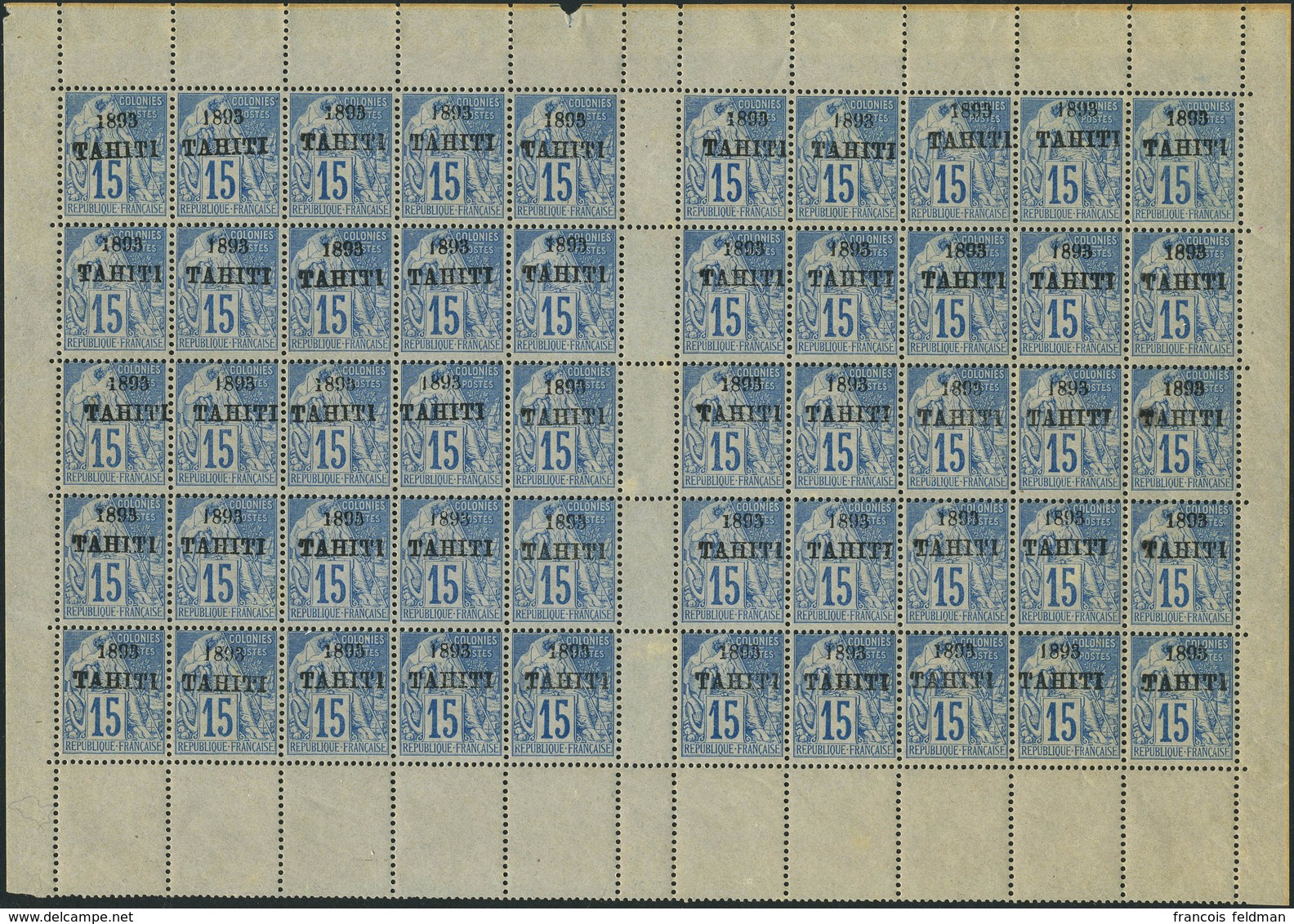 Neuf Sans Charnière N° 24, 15c Bleu Tahiti 1893, Feuille De 50 Ex, SUPERBE, Rare En Feuille - Cote 4000€ + 50% - Autres & Non Classés