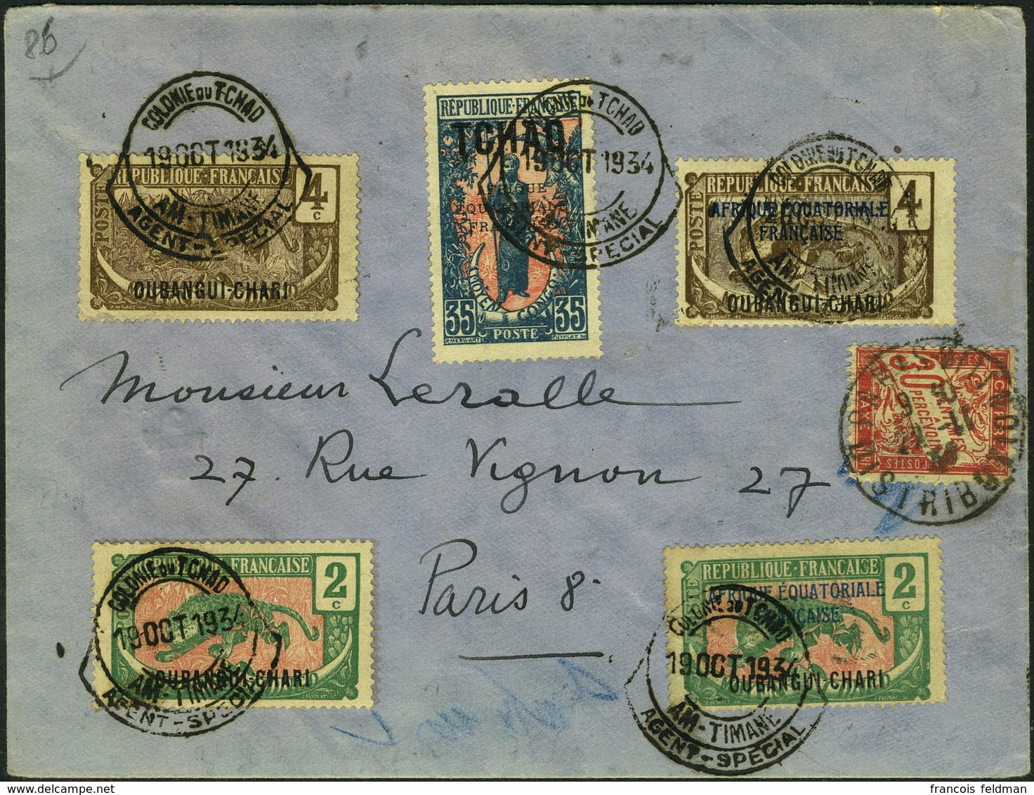 Lettre Lettre Affranchie Recto-verso Avec 6 Timbres Tchad/Oubangui Obl CàD Am-Timane Colonie Du Tchad 19/10/34, Taxée à  - Autres & Non Classés