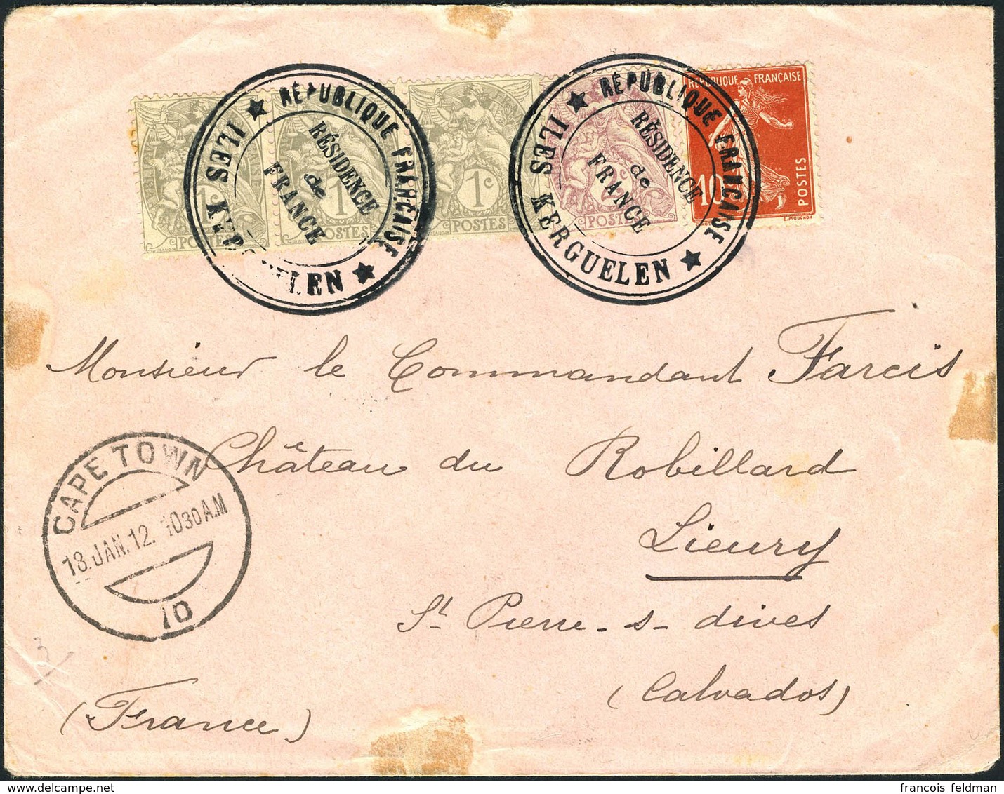 Lettre Pli Affranchi à 15c Obl Résidence De France Iles Kerguelen Pour St Pierre S/Dives, Cachet De Transit Capetown 18  - Andere & Zonder Classificatie