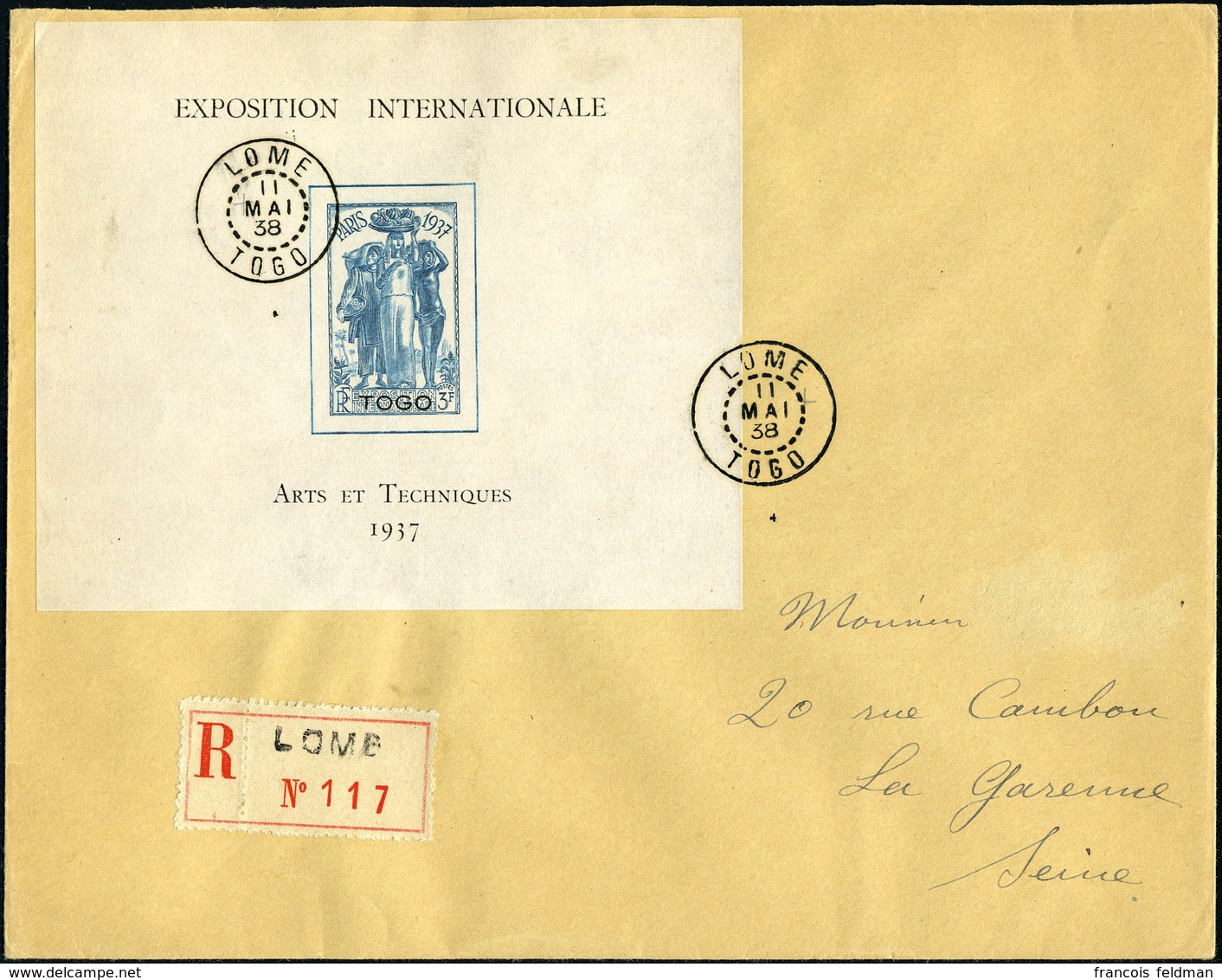 Lettre N° 1, Le Bloc Expo De Paris, Seul Sur Lettre Recommandée De Lome (11.5.38) Pour La Garenne-Colombes, Arrivée Au V - Andere & Zonder Classificatie