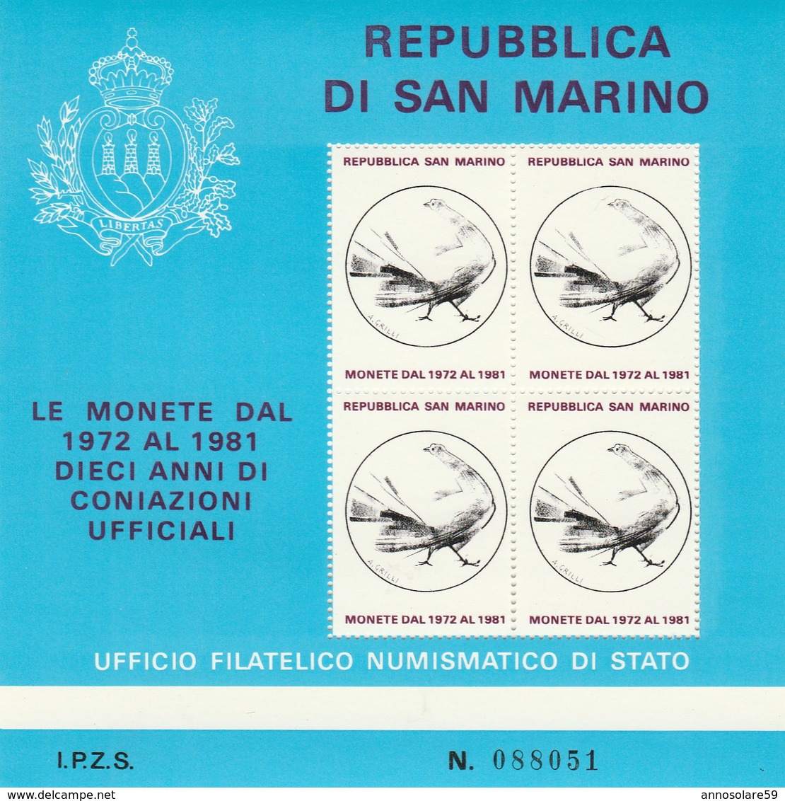 REPUBBLICA DI S. MARINO - LE MONETE DAL 1972 AL 1981 - FOGLIETTO FILATELICO (RARISSIMO) - NUOVO - LEGGI - Events & Commemorations