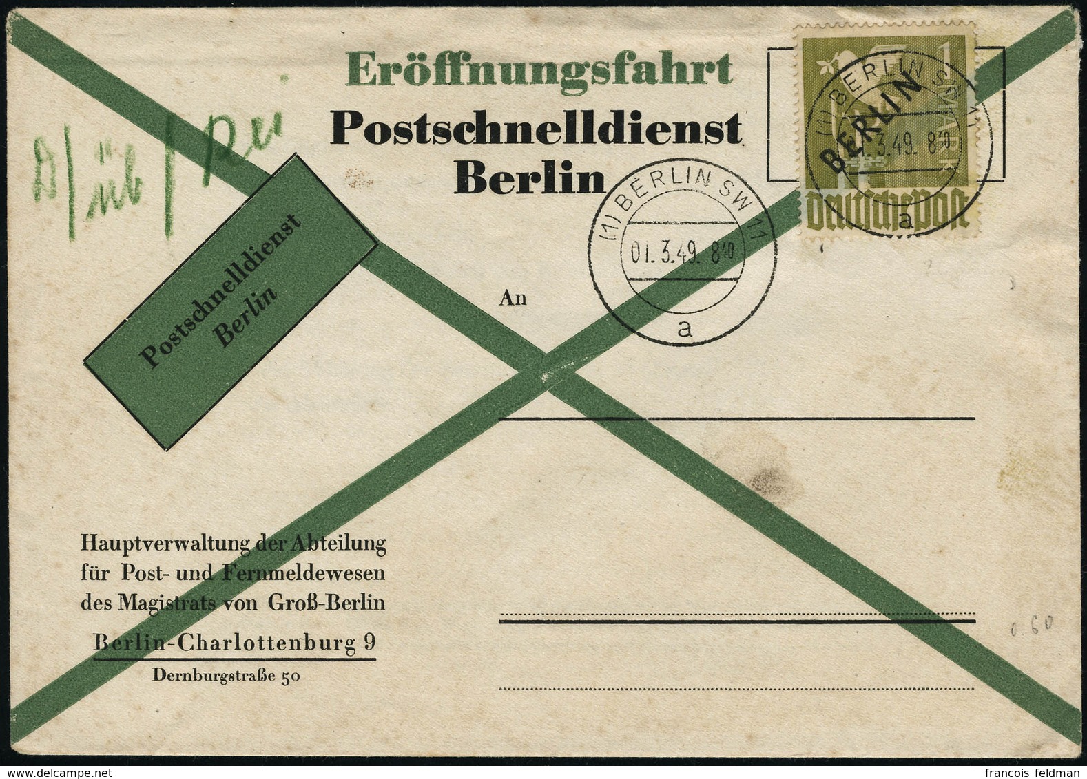 Lettre N°17. 1m Olive. Oblitéré 01/3/49 Berlin Sur Enveloppe Spéciale Postchnelldienst Berlin. T.B. (Michel 750 Euros) - Otros & Sin Clasificación