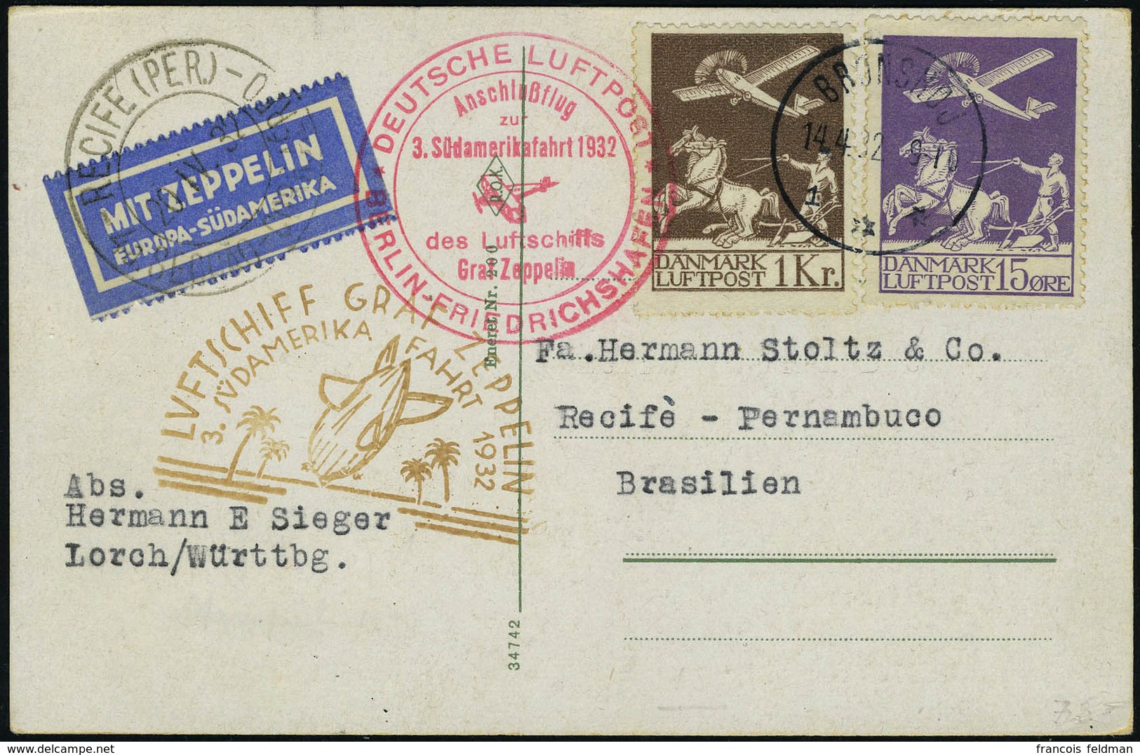 Lettre N° 2 + 5, Zeppelin 3 SAF 1932 Pour Pernambuco Brésil T.B. Cote Des Timbres Obl 250 € - Autres & Non Classés