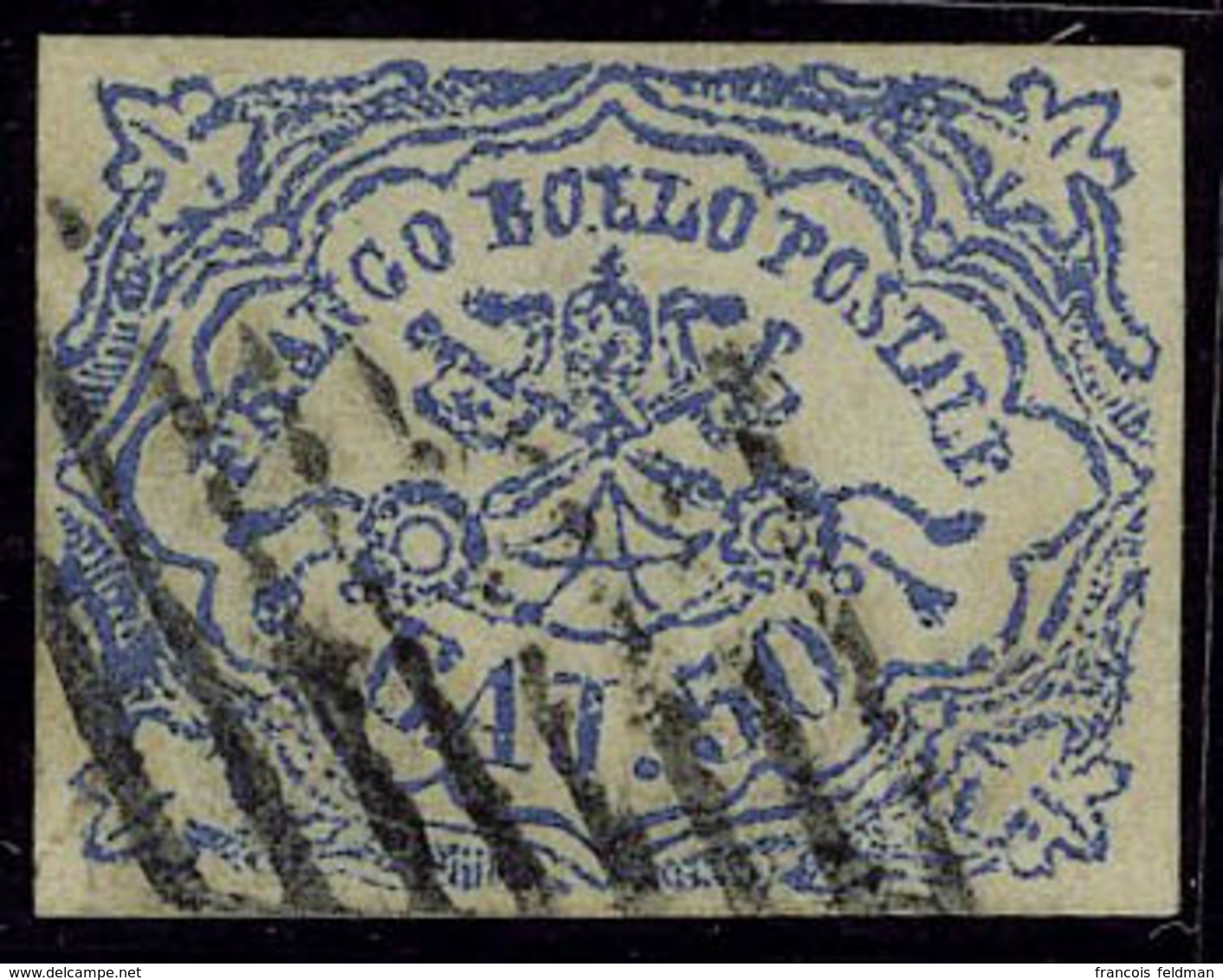 Oblitéré N° 10A, 50 Baj Bleu, Impression Défectueuse De 1864, Superbe, Signé Diéna + Certifiat Fulpius. Sassone 12. - Andere & Zonder Classificatie