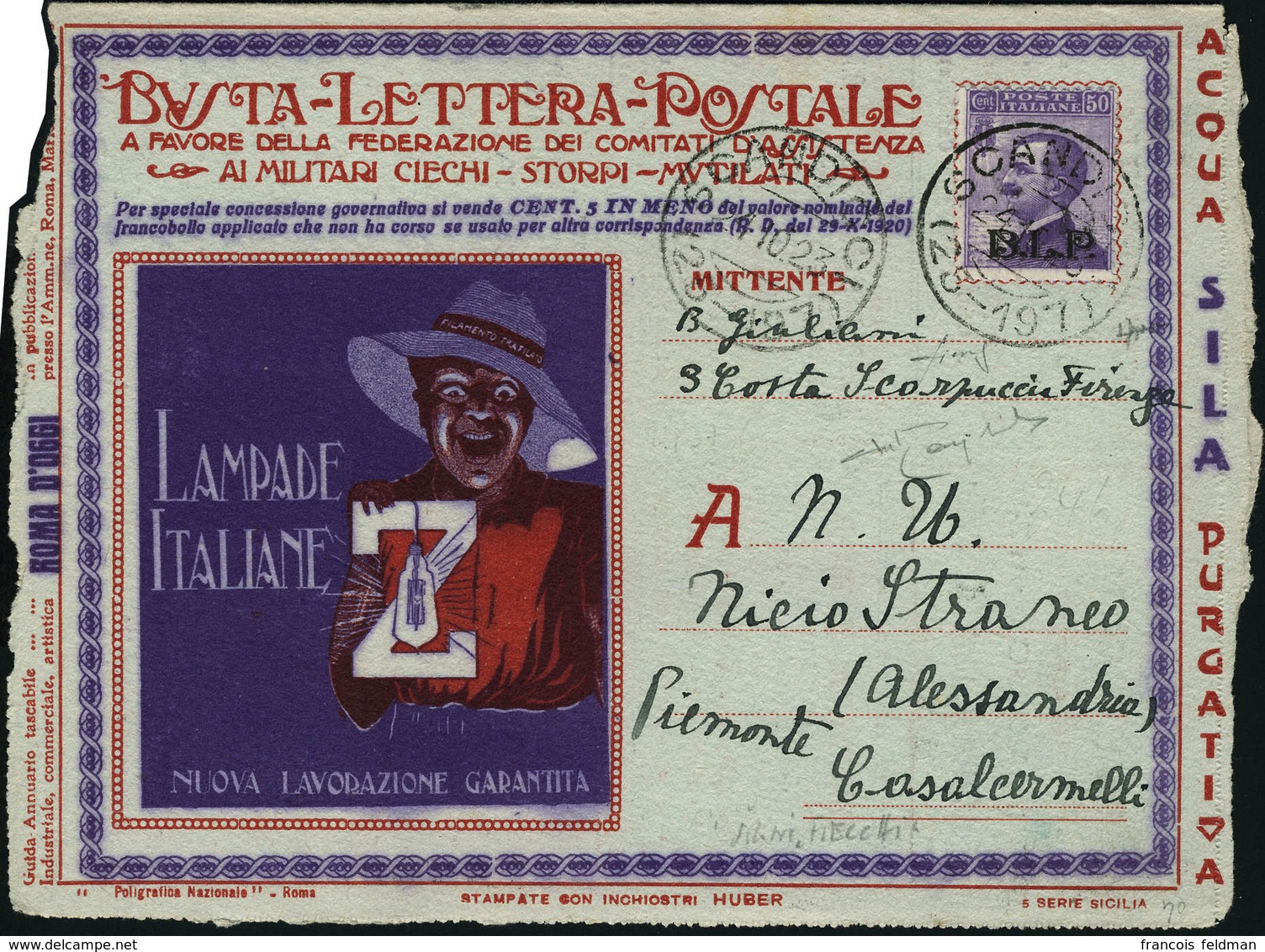 Lettre N°10. 50c Violet BLP Type II S/Lettre Oblitérée Scandi. T.B. Signé + Certificat Raybaudi. Sassone. - Sonstige & Ohne Zuordnung