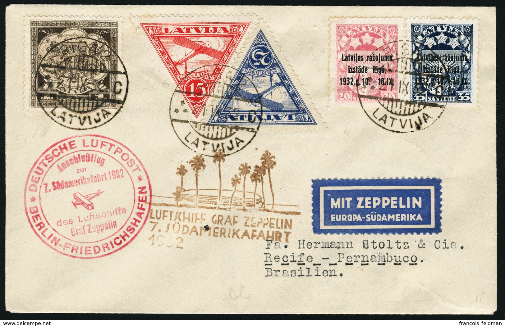 Lettre Zeppelin. 7. SAF 1932. Lettre Avec CàD Riga 21.IX.32 Pour Recife. Au Verso CàD De Transit De Berlin (24.9.32). Ar - Andere & Zonder Classificatie