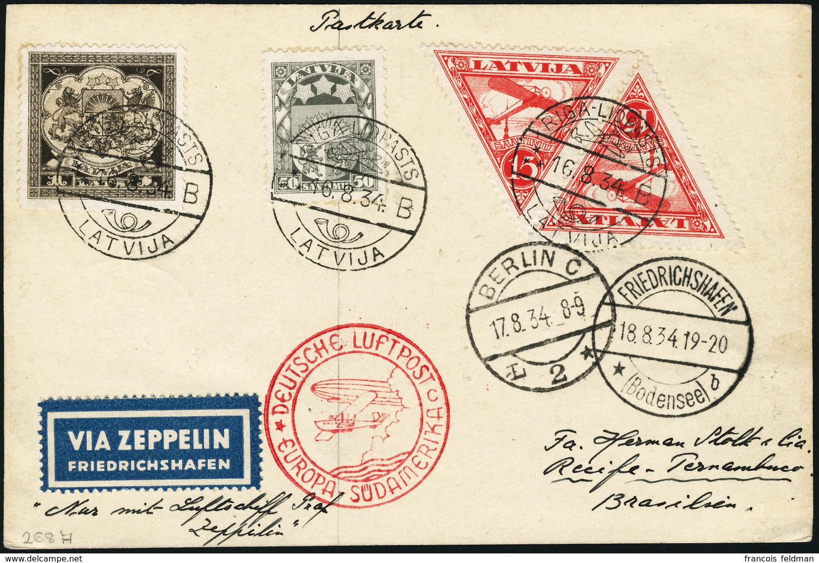 Lettre Zeppelin. C.P. Avec CàD Riga 16.8.34. Cachet Rouge Europa-Südamerika. CàD De Berlin (17.8.34) Et De Friedrichshaf - Andere & Zonder Classificatie