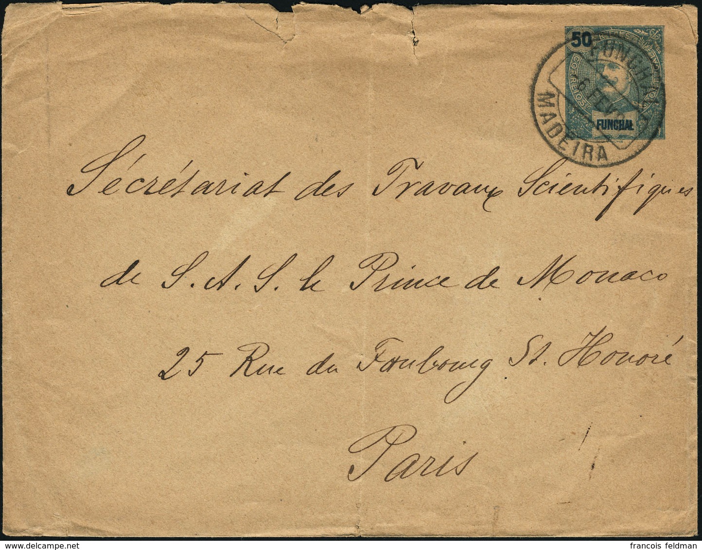 Lettre Entier Postal à 50r. Type De 1897. CàD Funchal 6 Fev 97 Pour Paris Avec Arrivée. Petite Déchirure (1cm) Sinon T.B - Other & Unclassified
