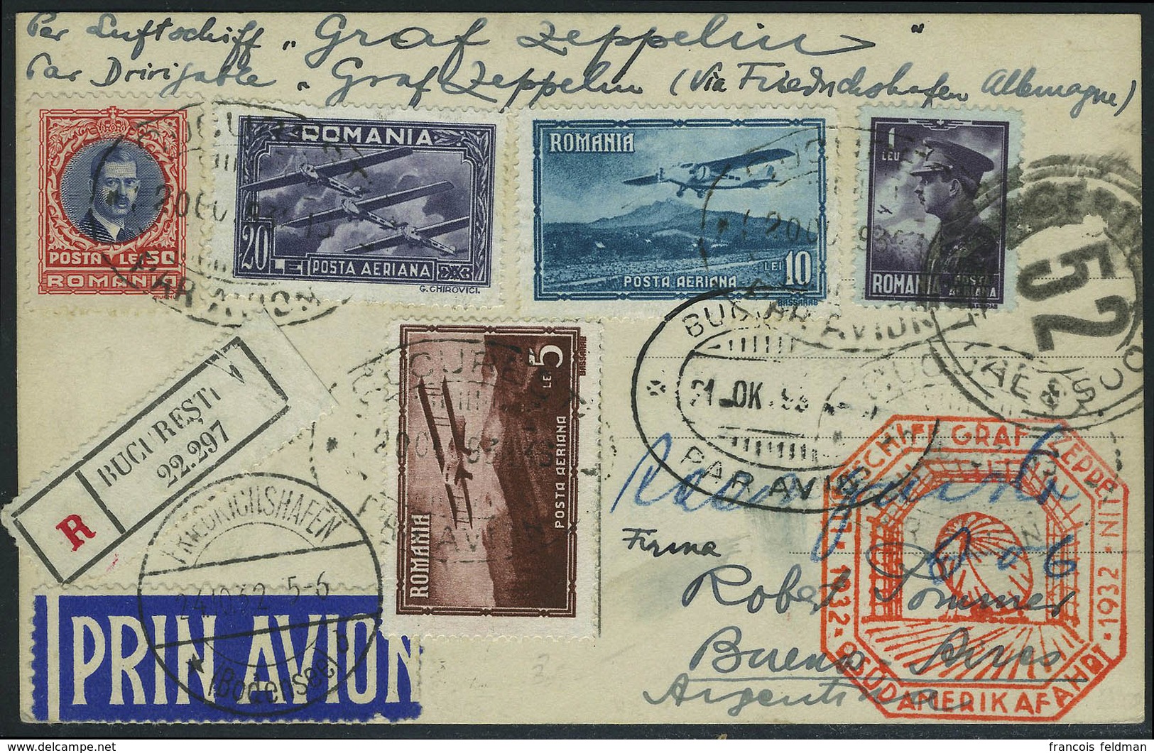 Lettre Zeppelin 9 SAF 1932, CP Illustrée Recommandée Càd Bucuresti 21 OK 32 Et Càd De Transit Fredrichshafen 24.10.32, P - Autres & Non Classés