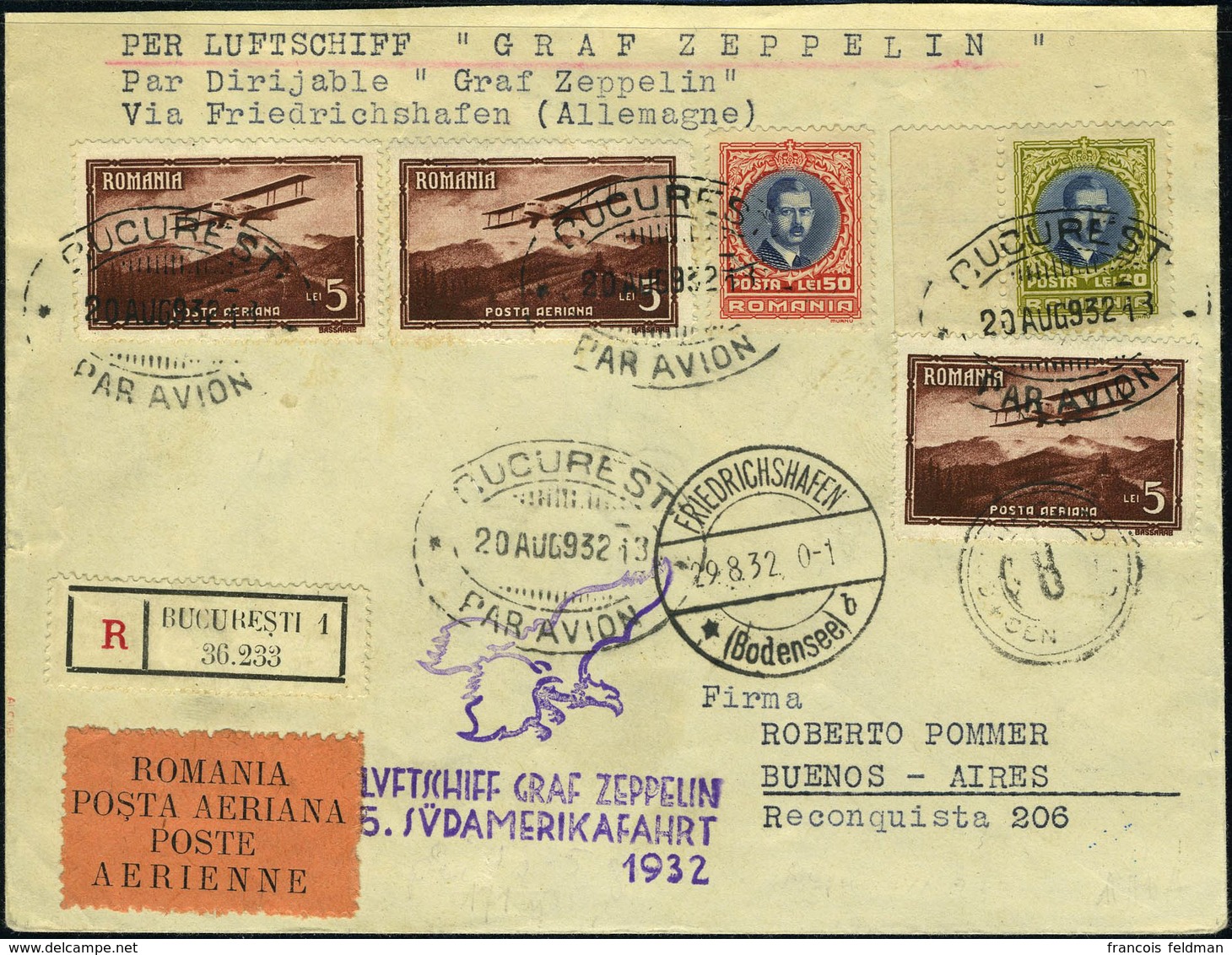 Lettre Zeppelin 5è SAF 1932 Pour L'Argentine, TB, Rare - Otros & Sin Clasificación