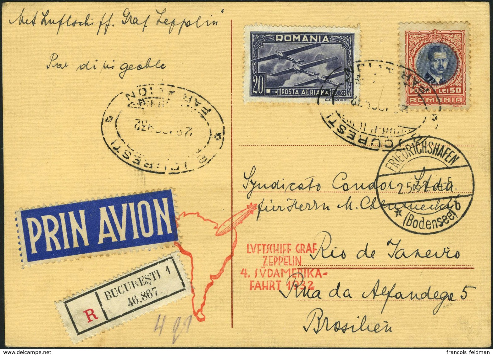 Lettre N° 18 + TP N° 400 S/CP Recom. De Bucuresti, Zeppelin 4 SAF 1932, Cachet De Transit Friedrichshafen 2.5.32 Pour Ri - Andere & Zonder Classificatie