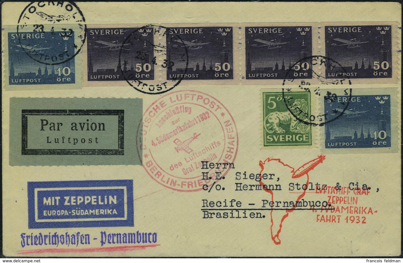 Lettre Zeppelin 4 SAF 1932, Càd Stockholm 23.4.32 Cachet Illustrés En Rouge, Pour Recife Pernambuco TB - Autres & Non Classés