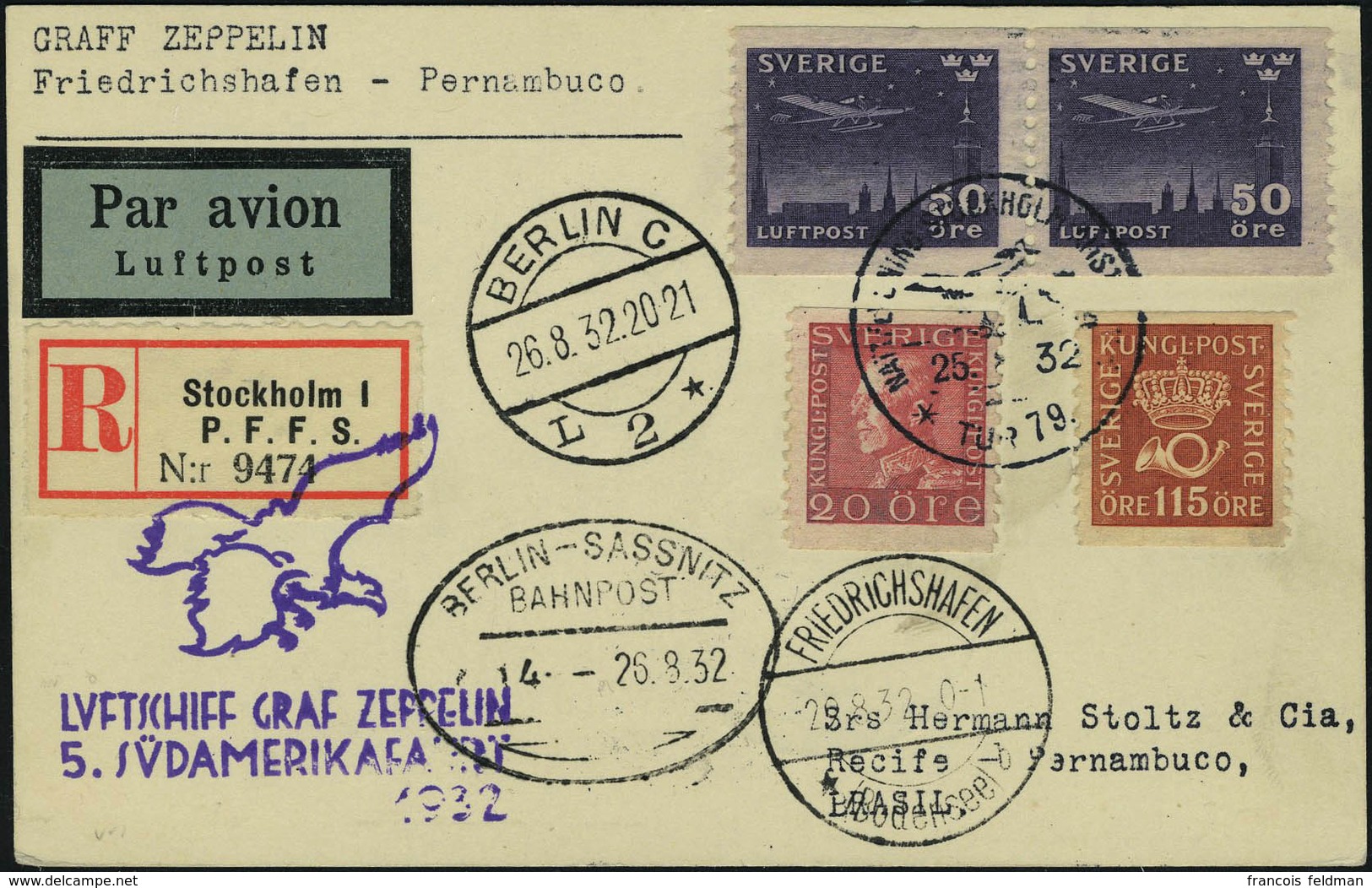 Lettre Zeppelin 5 SAF 1932, CP Recommandée Stockholm 25.8.32 Cachet Illustré Du Vol, 2 Càd De Transit De Berlin Dont Bah - Sonstige & Ohne Zuordnung