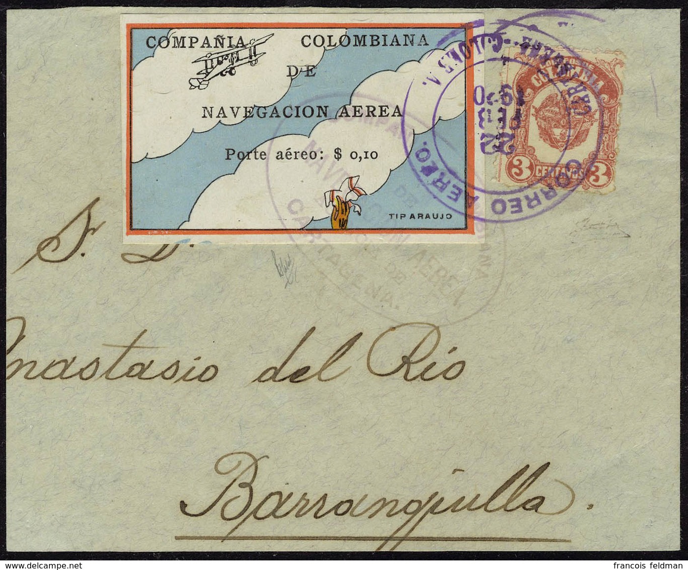 Lettre N° 2A, 10c Vignette Multicolore Sur Fragment De Lettre Obl Cartagena 22 Fev 1920 1er Jour, Arrivée à Barranquilla - Autres & Non Classés