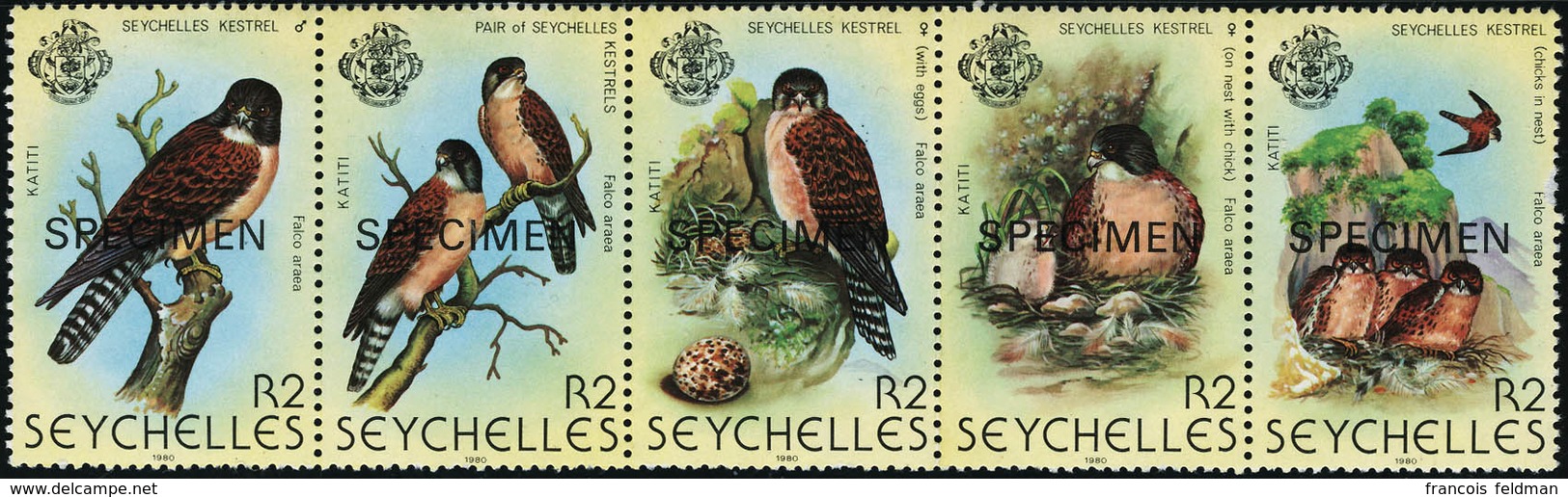 Neuf Sans Charnière N°429/433. La Série Oiseaux. Bande De 5 Surchargés SPECIMEN. T.B. - Autres & Non Classés