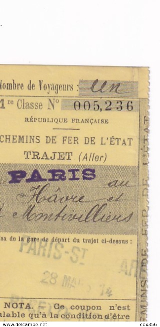 Chemins De Fer De L'Etat Trajet PARIS Au HAVRE Et à MONTIVILLIERS Le 28 MARS 1914 Bon Pour 1 Voyageur En 1er Classe - Europe