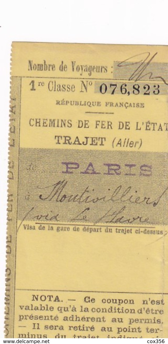 Chemins De Fer De L'Etat Trajet PARIS Au HAVRE Et à MONTIVILLIERS  19? Bon Pour 1 Voyageur En 1er Classe - Europe