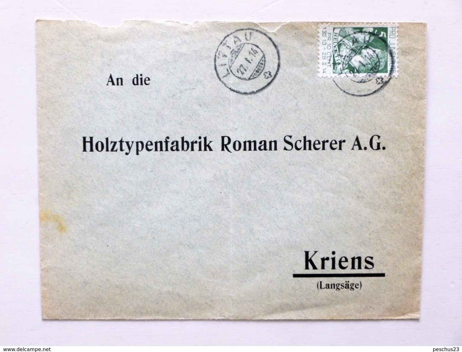 SUISSE / SCHWEIZ / SWITZERLAND // Brief Mit PRO JUVENTUTE 1913, Gest.: LITTAU 27.I.14 > KRIENS - Lettres & Documents