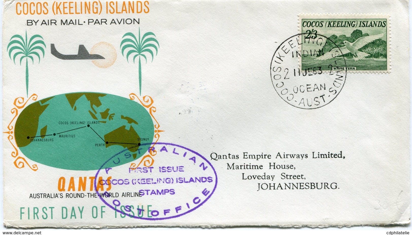 COCOS ISLANDS ENVELOPPE 1er JOUR PAR AVION QANTAS...AVEC CACHET "AUSTRALIAN FIRST ISSUE COCOS.." DEPART COCOS..11 JE 63 - Cocos (Keeling) Islands