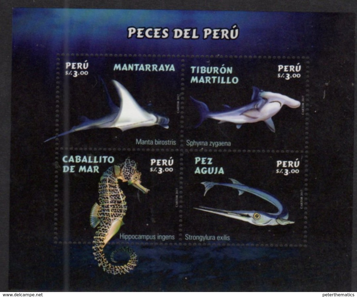 PERU, 2017, MNH, MARINE LIFE, SHARKS, RAYS, SEAHORSES, FISH, SHEETLET - Pesci