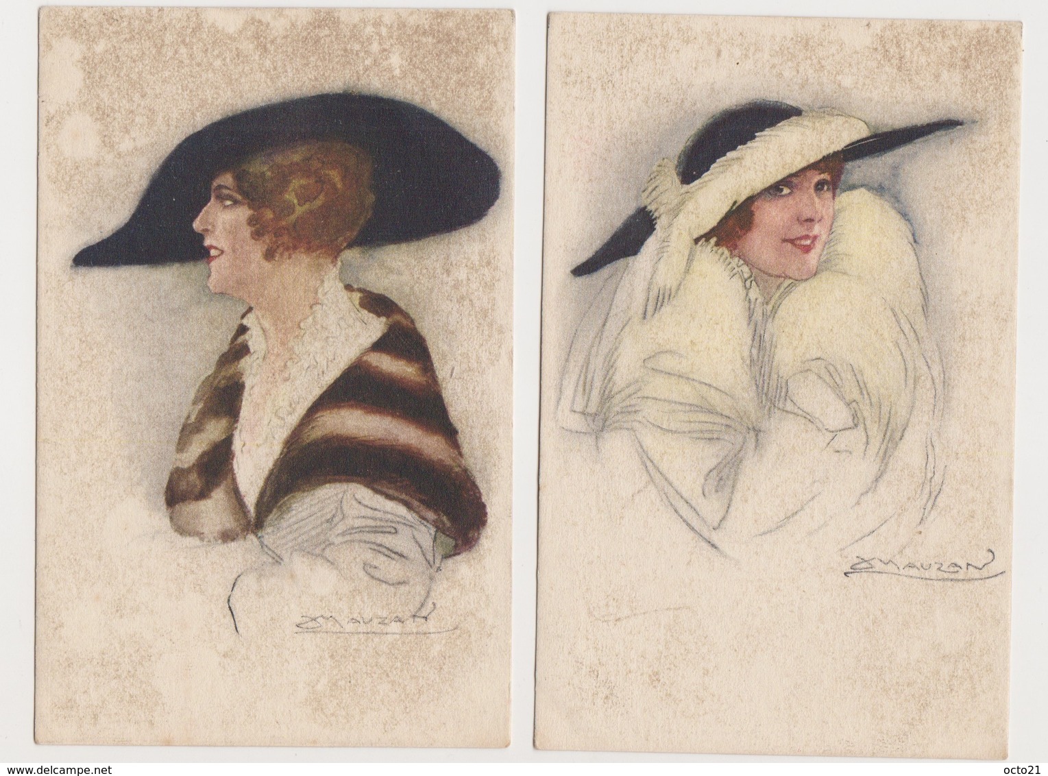 5 Cpa Fantaisie Dessinées Signées Mauzan / Jeunes Femmes , Mode , Chapeaux - Mauzan, L.A.