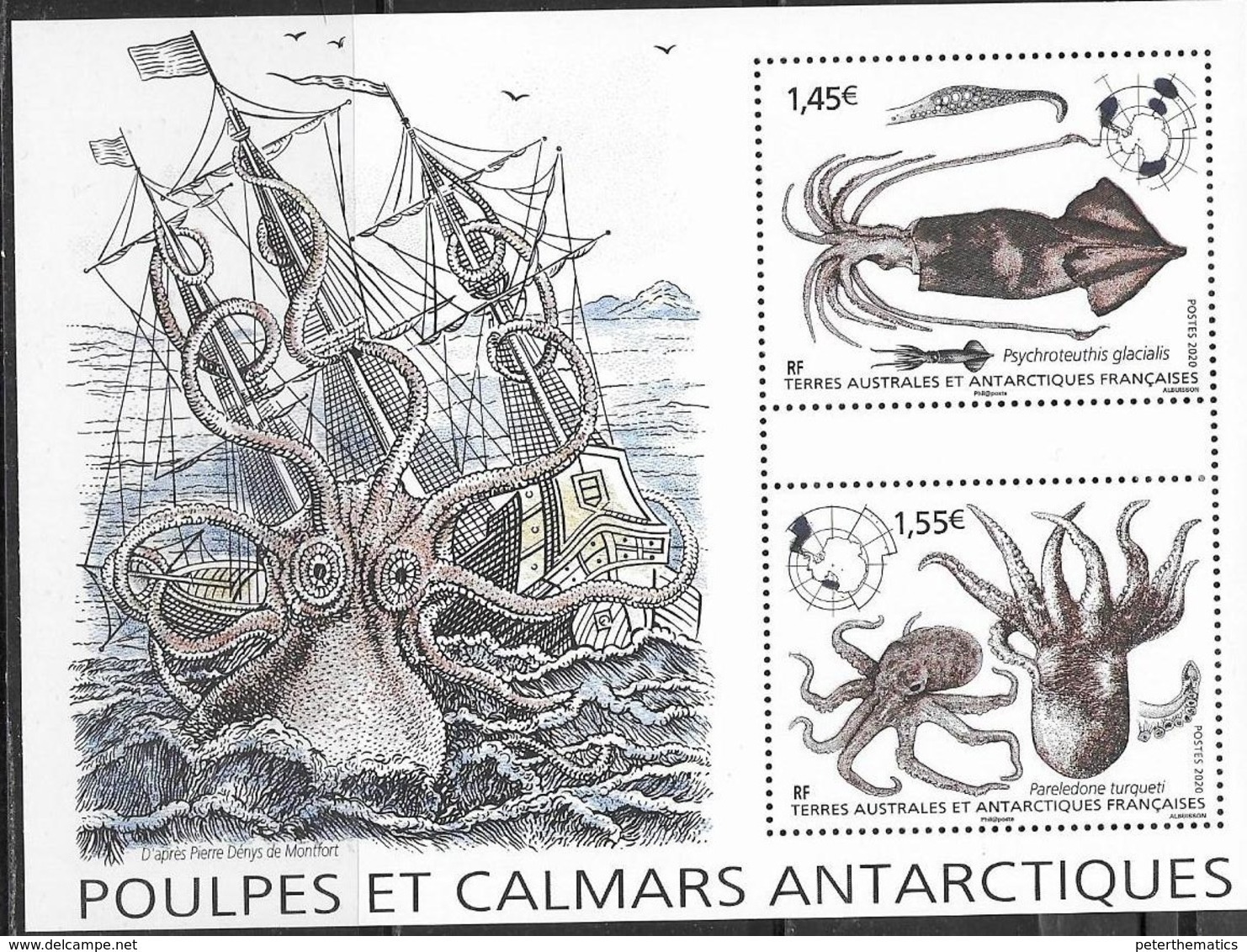 TAAF , FRENCH ANTARCTIC, 2020, MNH, MARINE  LIFE, ANTARCTIC OCTOPUS AND GIANT SQUID,  SHIPS, S/SHEET - Vie Marine