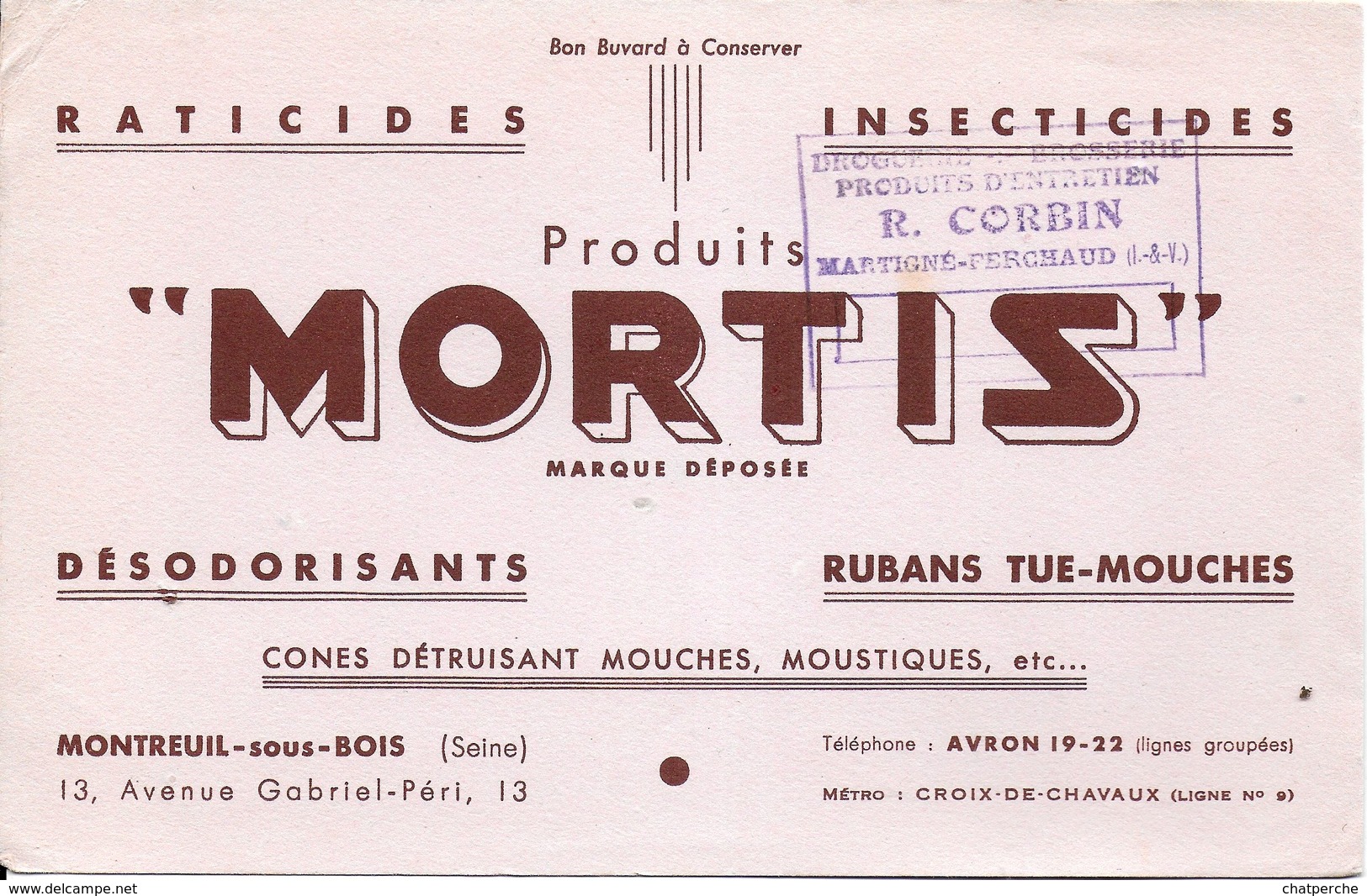 BUVARD BLOTTING PAPER RATICIDE INSECTICIDE MORTIS MONTREUIL/S BOIS 93 SEINE ST. DENIS CACHET COMMERCE MARTIGNE-FERCHAUD - Drogisterij En Apotheek