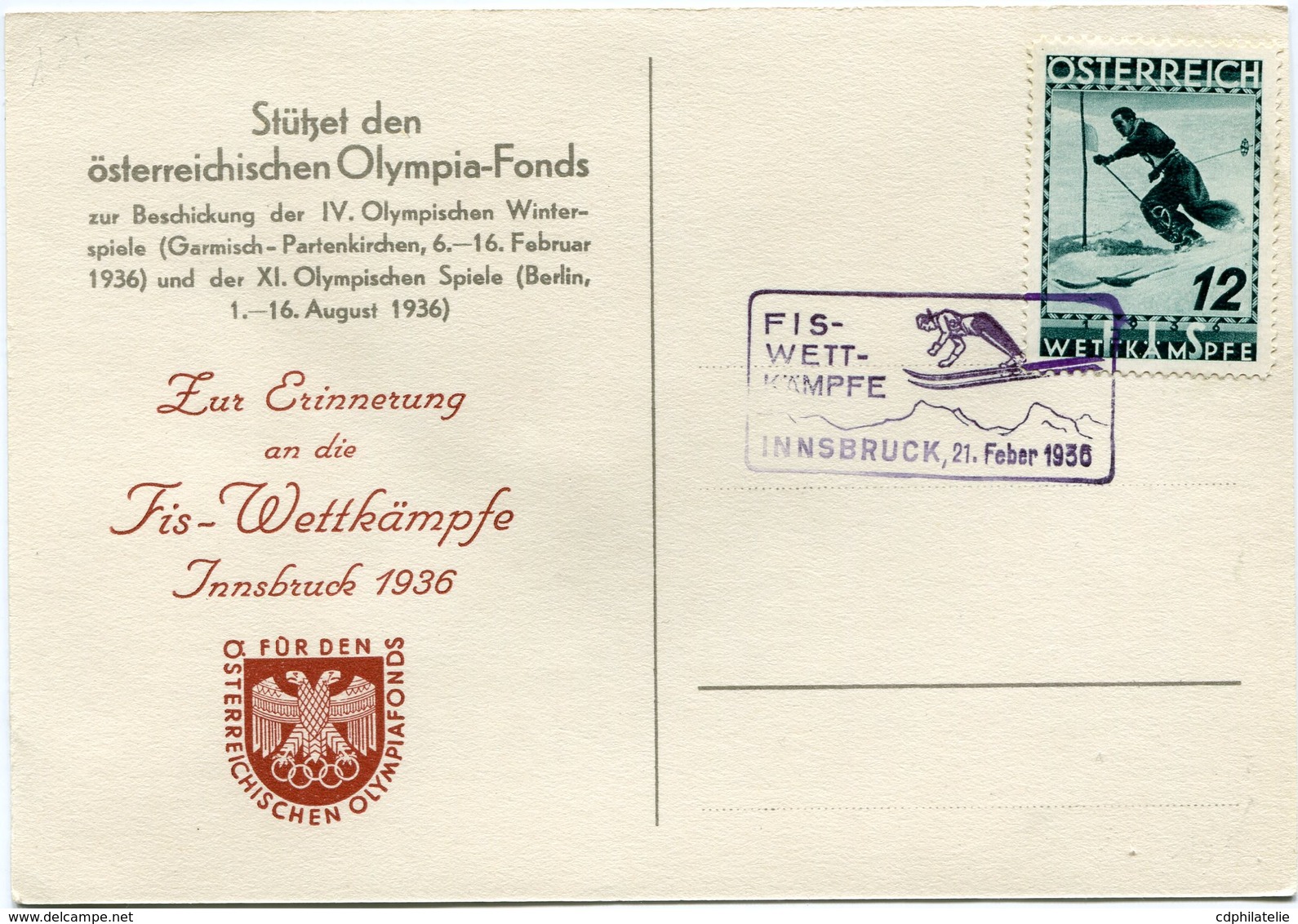 AUTRICHE CARTE POSTALE INNSBRUCK 1936 AVEC OBLITERATION FLAMME FIS-WETT-KAMPFE INNSBRUCK 21 FEBER 1936 - Winter 1936: Garmisch-Partenkirchen