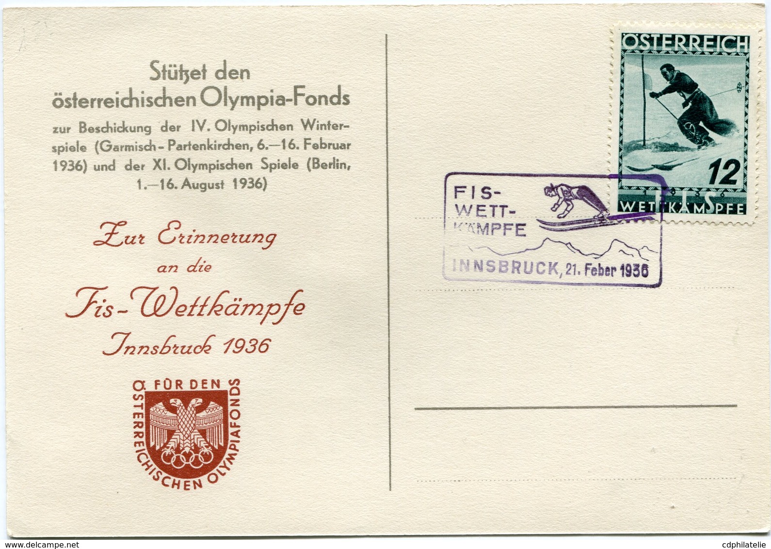 AUTRICHE CARTE POSTALE INNSBRUCK 1936 AVEC OBLITERATION FLAMME FIS-WETT-KAMPFE INNSBRUCK 21 FEBER 1936 - Inverno1936: Garmisch-Partenkirchen