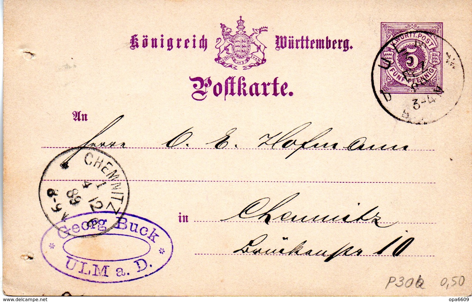 (L) Württemberg Amtl. Ganzsachen-Postkarte "Königreich Württemberg" P 30b, 5 Pf, Hellviolett, Gel. 3.DEZ.89 ULM - Sonstige & Ohne Zuordnung