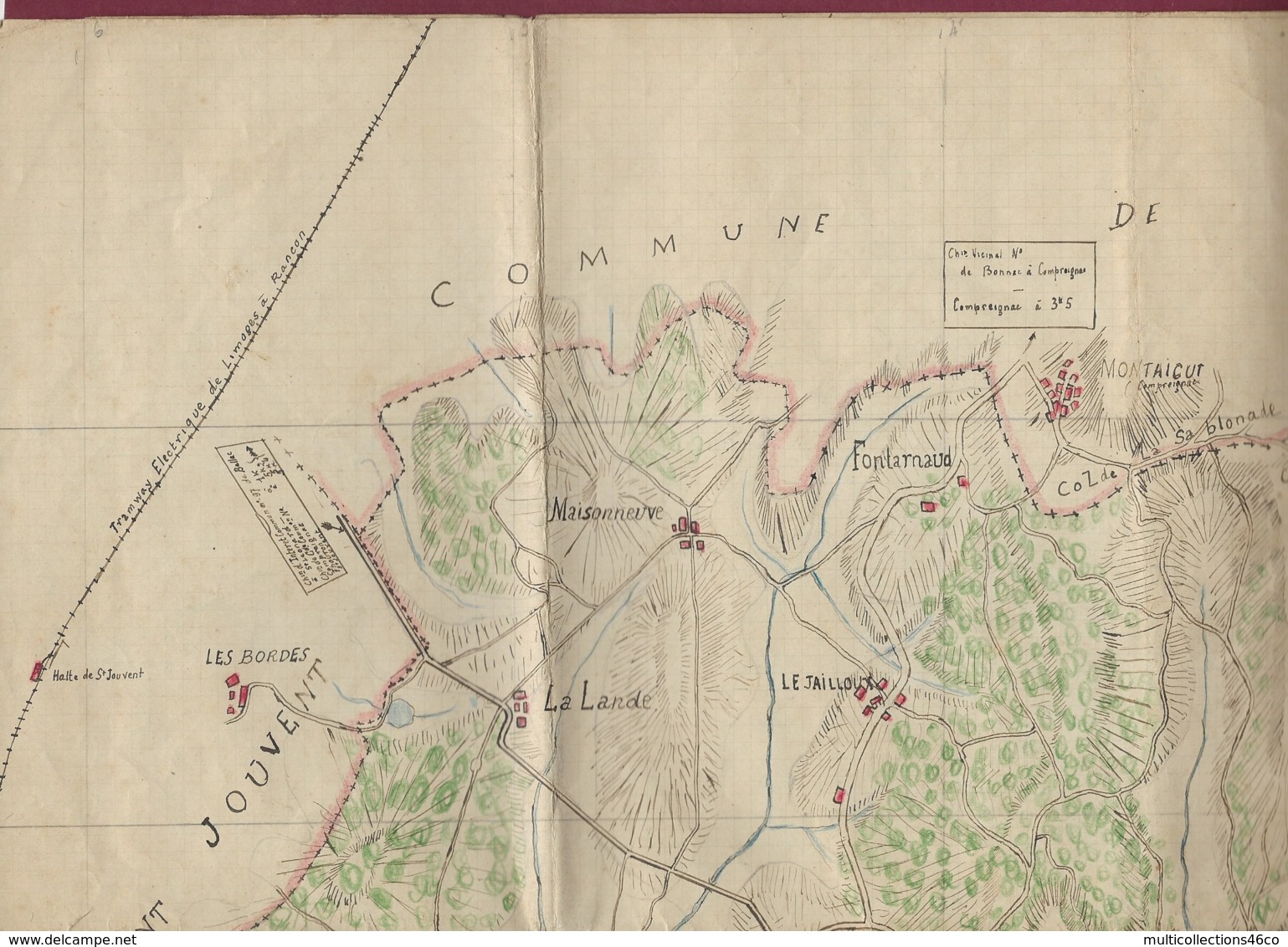 290120 - CARTE TOPOGRAPHIQUE A LA MAIN Colorisée Tramway 87 HAUTE VIENNE Bonnac Chaptelat Rilhac Lavaud St Sylvestre - Topographical Maps