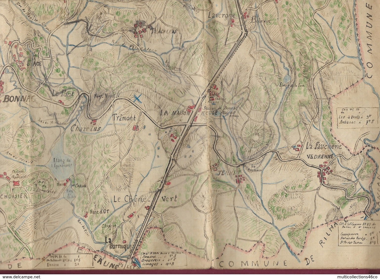 290120 - CARTE TOPOGRAPHIQUE A LA MAIN Colorisée Tramway 87 HAUTE VIENNE Bonnac Chaptelat Rilhac Lavaud St Sylvestre - Topographische Karten