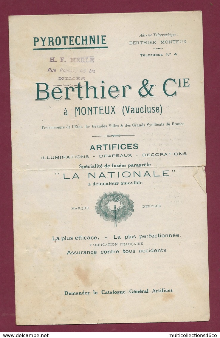 290120 - Années 1920  DOCUMENT Commercial PYROTECHNIE BERTHIER MONTEUX Vaucluse Artifice Illumination Fusée Paragrêle - Petits Métiers