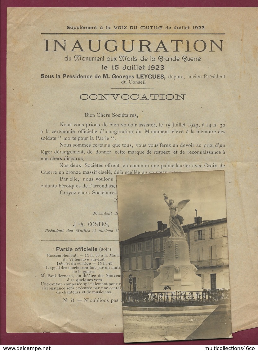 290120 - CARTE PHOTO Et Convocation Inauguration 1923 Monument Aux Morts Grande Guerre VILLENEUVE SUR LOT J MORILLON - Villeneuve Sur Lot